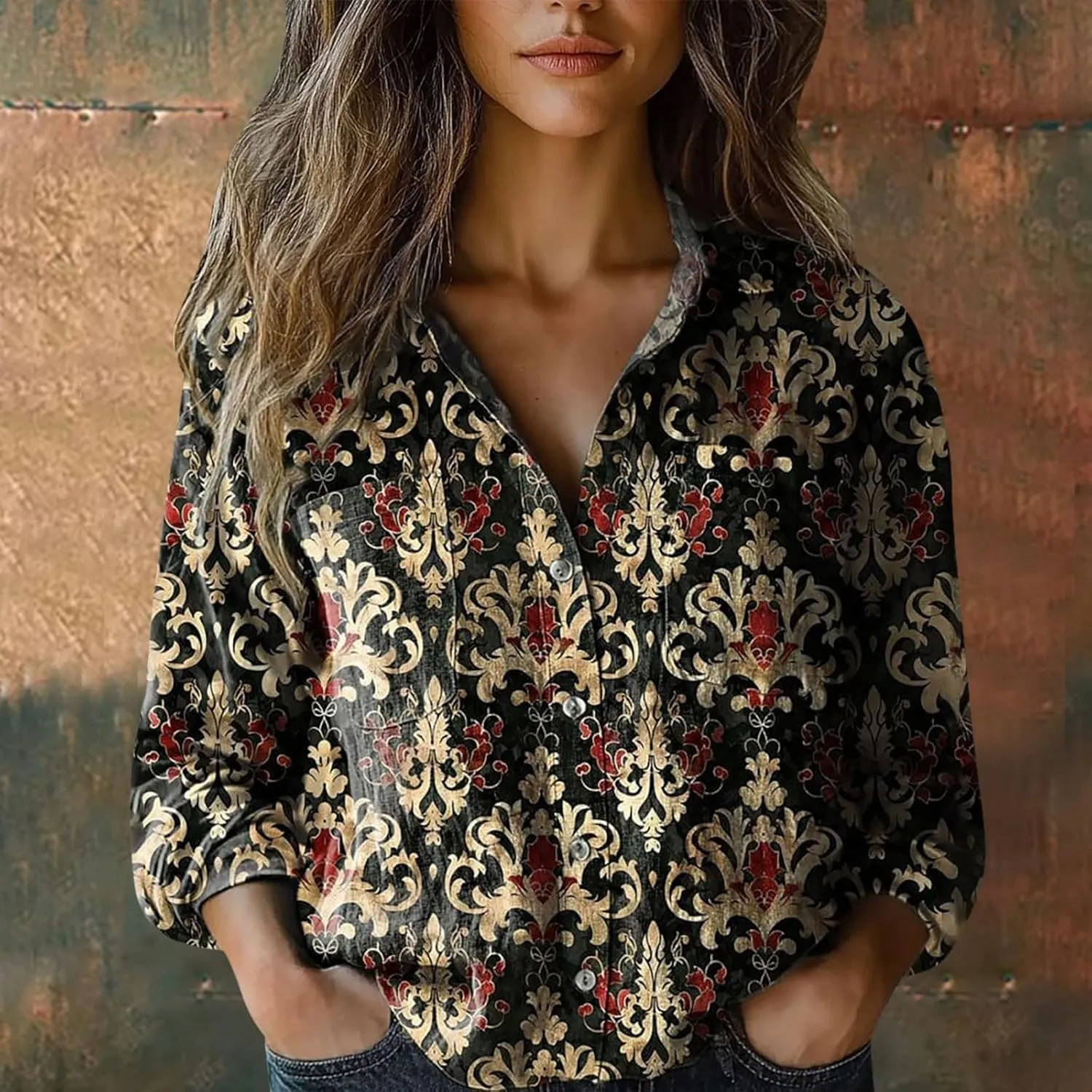 Womens Linen Button Down Shirts Retro Floral Printed V Neck Long Sleeve Blouse Collared Boho Casual Tops with Pocket
