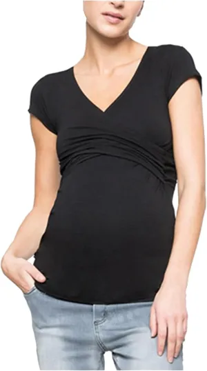 Women's Maternity Shirts Short Sleeve Pregnancy Tops Summer Blouses Casual Wrap V-Neck Ruched Pregnant Tunic Tee