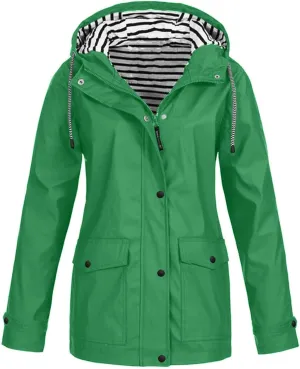 Womens Waterproof Jacket Striped Lined Hooded Lightweight Raincoat Active Outdoor Rain Jacket